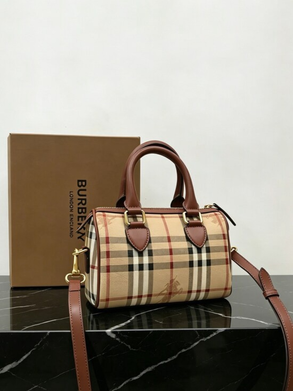 Burberry Beige Tan Check Mini Barrel Shoulder Bag with Brown Leather